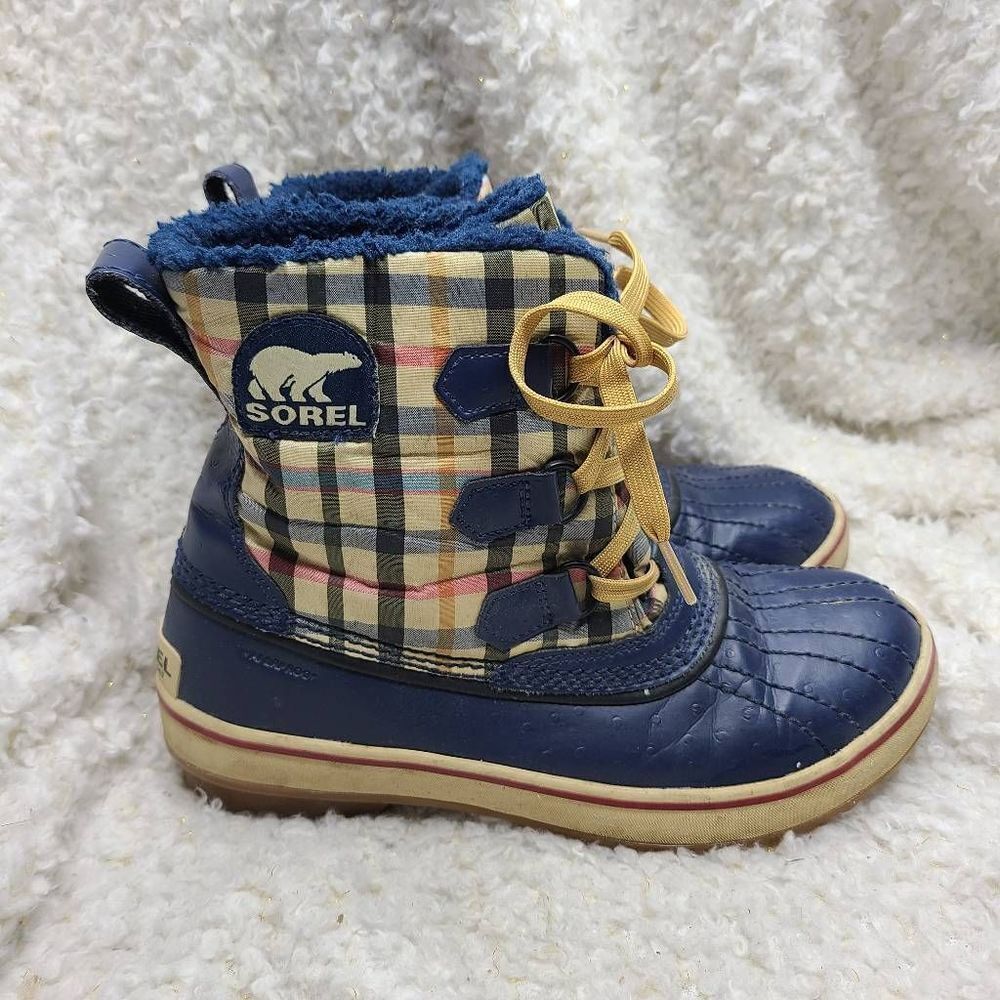 Sorel Tivoli Blue Multi Plaid Lined Winter Duck Boots Women's size‎ 7.5